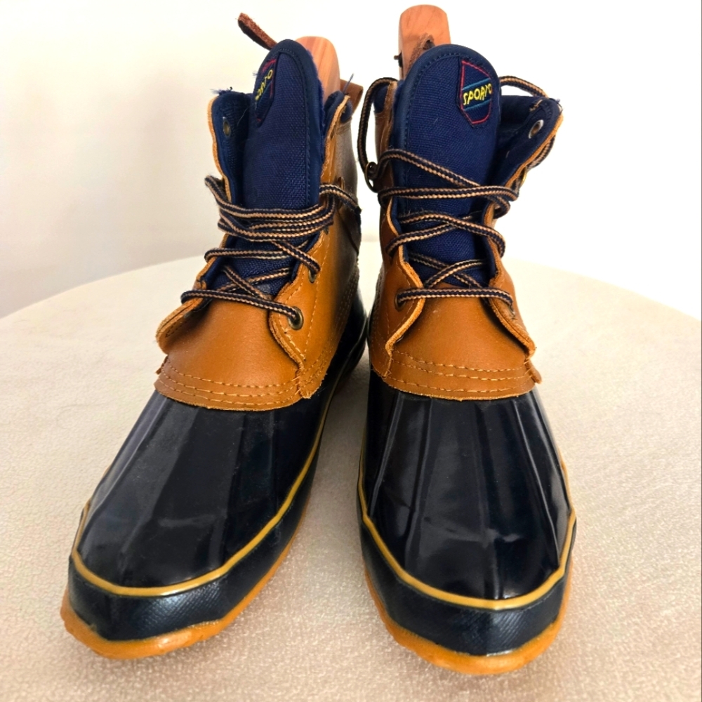 Sporto Two-Tone Duck Boots in Tan and Blue